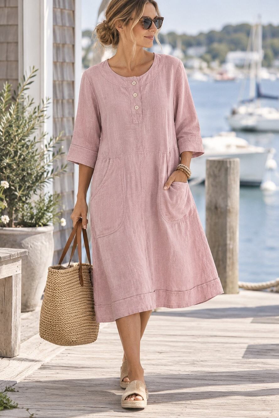 Poetry Pink Linen Midi Dress Size 4 Lagenlook Coastal Grandmother Cottagecore